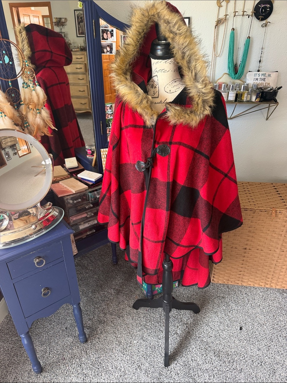 Red Plaid Hooded Cape with Faux Fur Trim